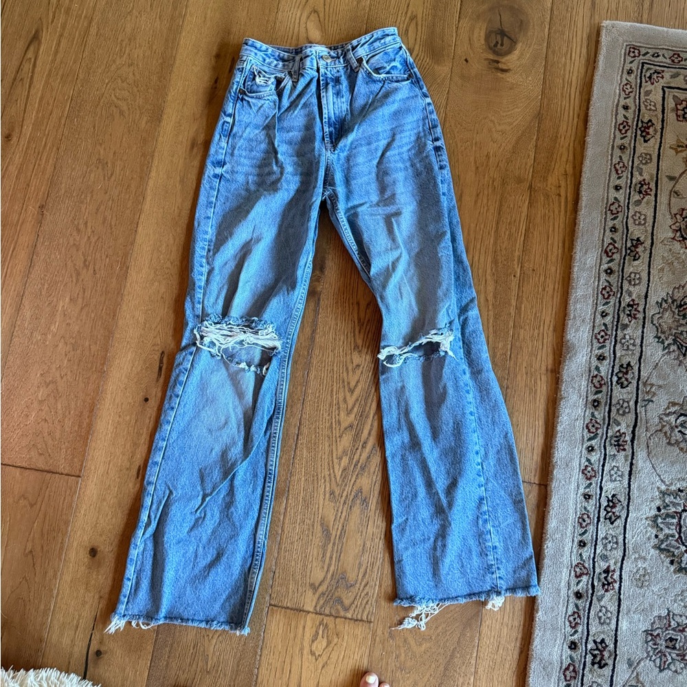 Zara Blue Flare Wide Leg Jeans with Distressed Details